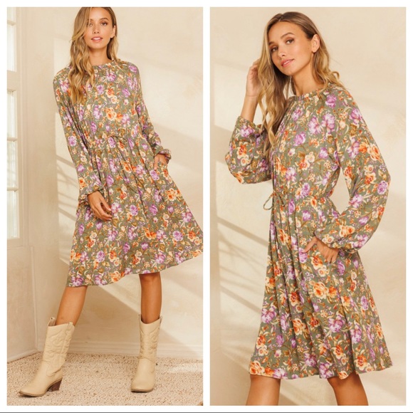 Gypsy Boho Chic Floral Pattern Long Sleeve Mini Dress - Picture 2 of 5